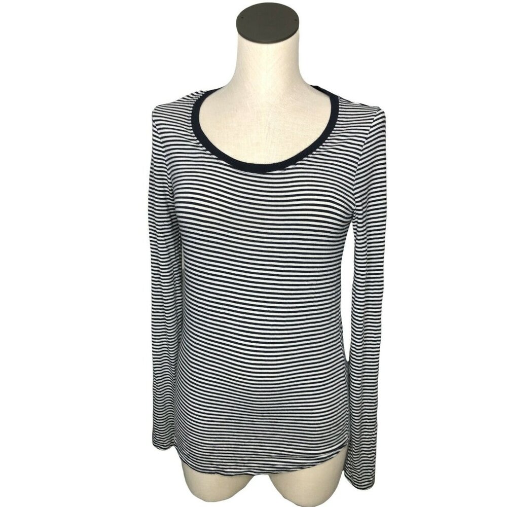 Tahari T Shirt Navy Blue White Pullover Womens Small Petite Stretch Long Sleeves